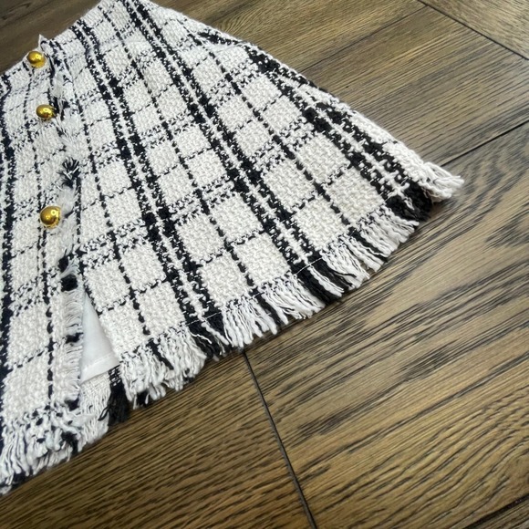 Tweed Mini Skirt Plaid Black White XL NWT Kate Kasin - Picture 3 of 9